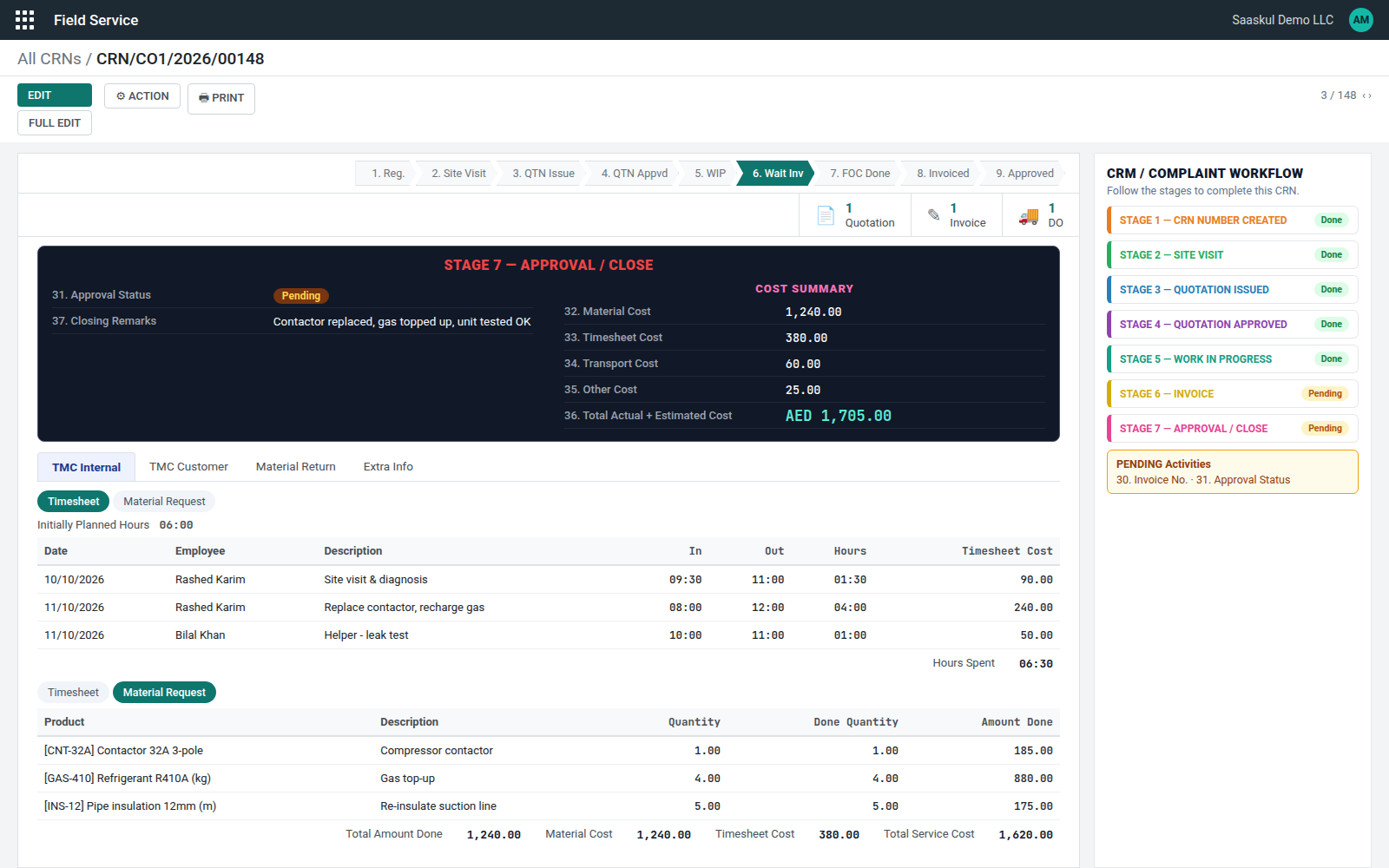TMC Internal tab with cost summary
